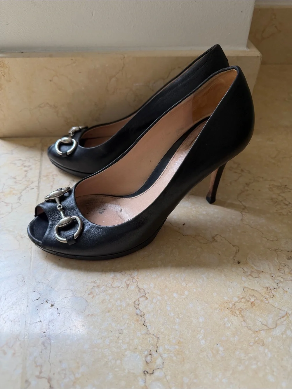 Gucci Black Leather Peep-Toe Heels with Silver Horsebit Accent